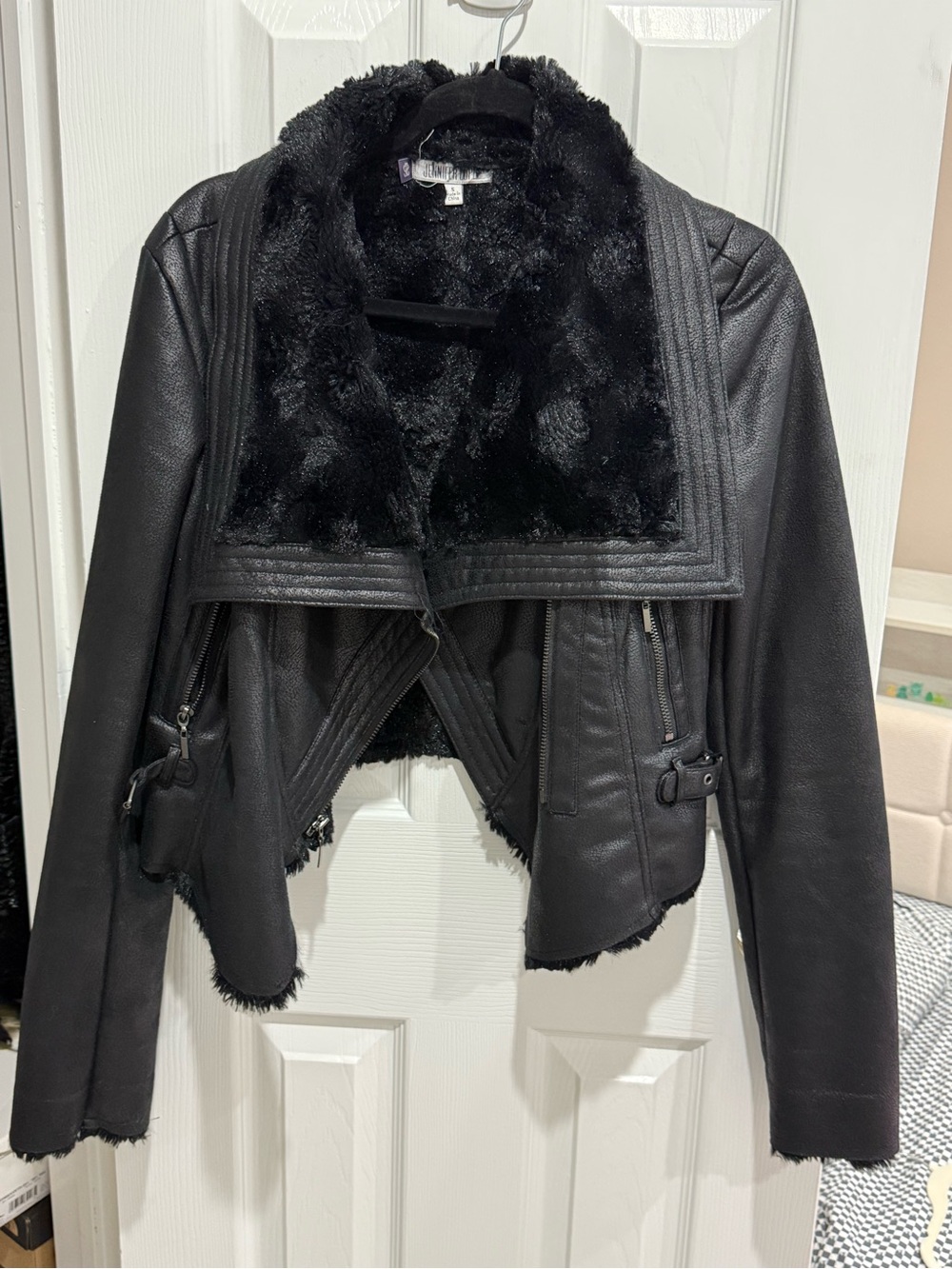 Jennifer Lopez Black Faux Leather Jacket with Plush Collar